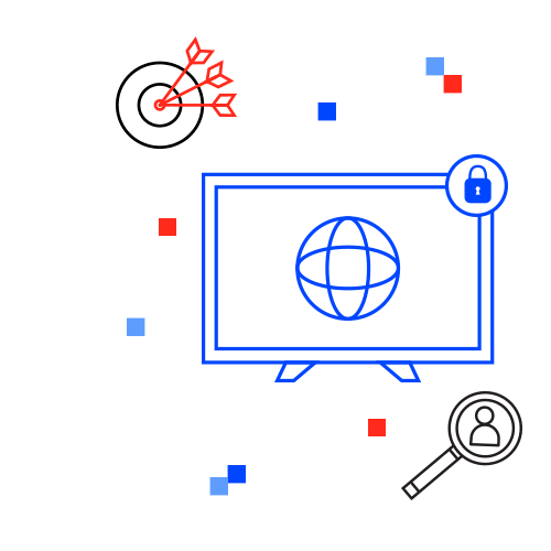 Graphic of computer monitor with lock, arrows, and magnifying glass representing Dstillery Custom Audience