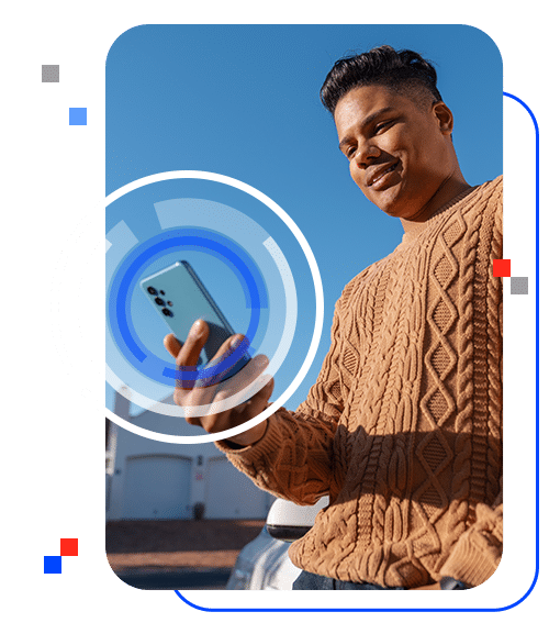 Photo of man looking at cell phone with circle graphics highlighting the phone.