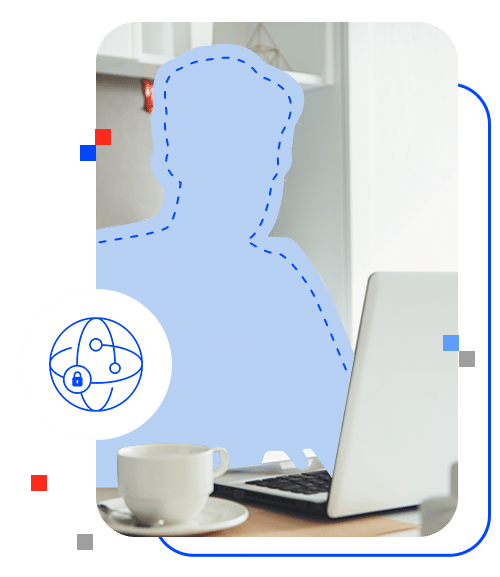 Photo of laptop with person silhouette and Distillery ID-free icon.
